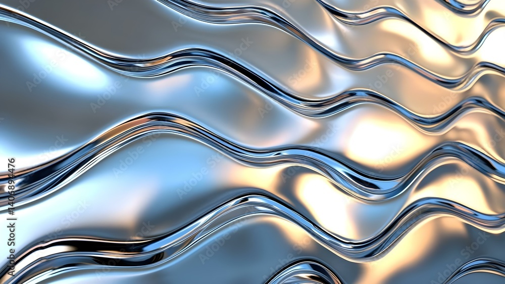 Poster abstract patterns of rippling waves in metallic or liquid surface, reflecting light with smooth curv