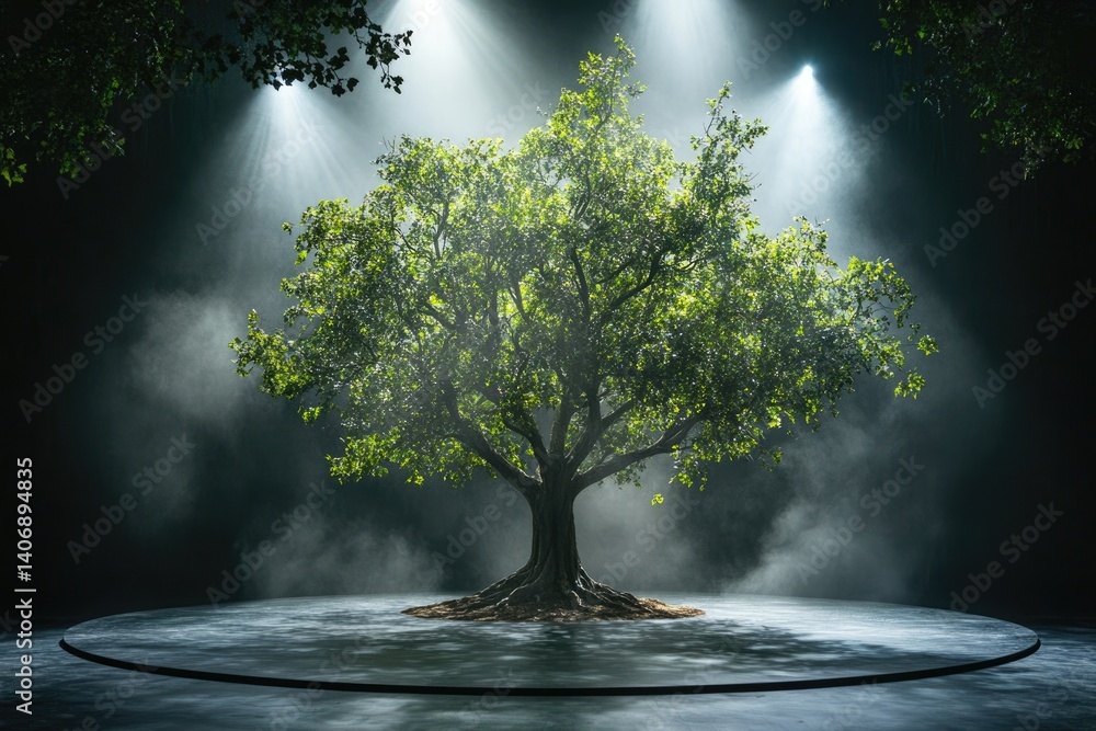 Poster a majestic tree stands on a circular platform, illuminated by spotlights, creating a mystical and se