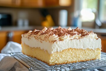 Creamy, layered tiramisu cake cooling on a wire rack.