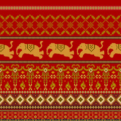 Traditional Thai cloth pattern Thai ethnic sarong Cross stitch pattern in horizontal Pixel Seamless Vector format using geometric shapes arranged in various shapes such as elephant, flowers and stars.