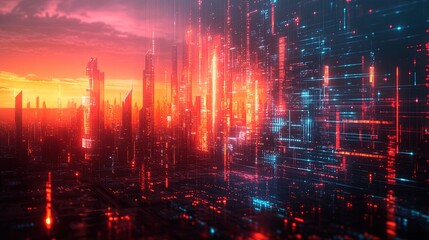 Fototapeta premium An abstract concept of a business chart merging with futuristic cityscapes and digital connections