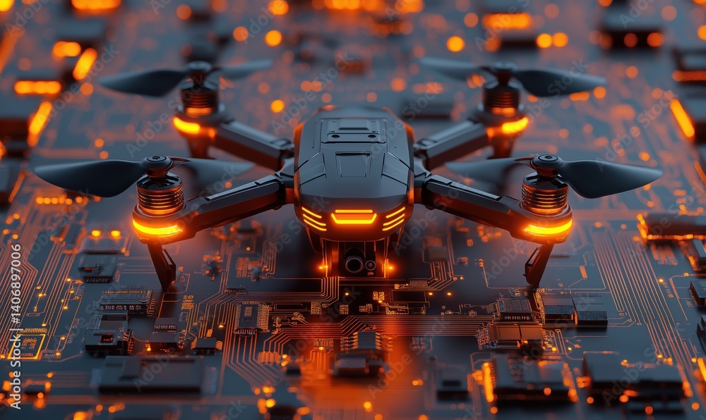 Poster drone on circuit board with glowing orange lights and high-tech background