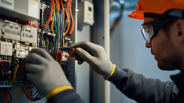 Electrician repairing electrical circuit in commercial building. Featuring detailed work on electrical systems