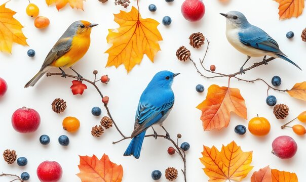 Colorful birds perched on branches surrounded by autumn leaves and fruits