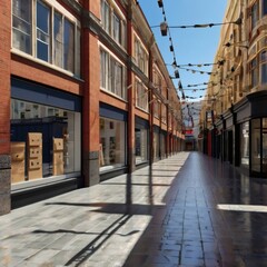 Obraz premium A deserted shopping street with price tags swinging on empty windows. 