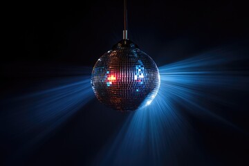 Obraz premium A disco ball hangs in the dark, emitting beams of light, creating a vibrant, energetic atmosphere.