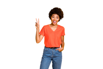 Photo of charming cute nice attractive girlfriend standing friendly confidently showing you v-sign while hand in pocket isolated over yellow vivid color background wearing t-shirt denim