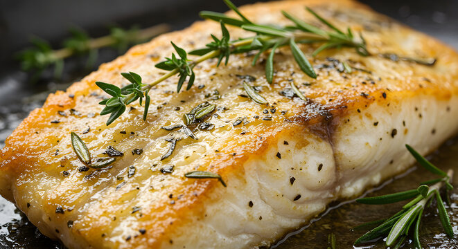 Pan Seared Halibut Steak Garnished With Fresh Thyme And Rosemary Sprigs