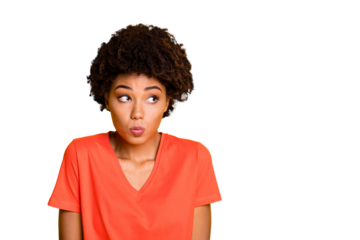 Copyspace photo of charming cute nice pretty girlfriend hesitating to ask something wearing t-shirt isolated over yellow vivid color background