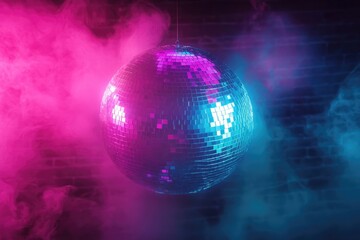 Fototapeta premium Disco ball hanging in smoky, neon-lit room, vibrant pink and blue hues.