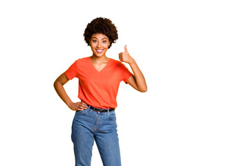 Copyspace photo of charming cheerful nice woman wearing jeans denim orange t-shirt thumbing up...