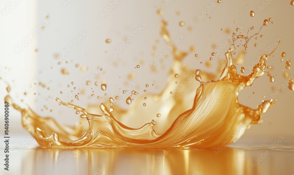 Poster golden liquid splash creating dynamic patterns and textures in bright light