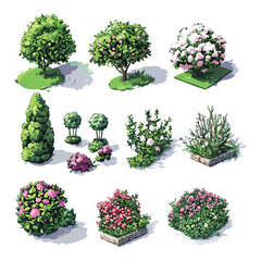 Fototapeta premium Isometric Bushes and Flowers Illustration
