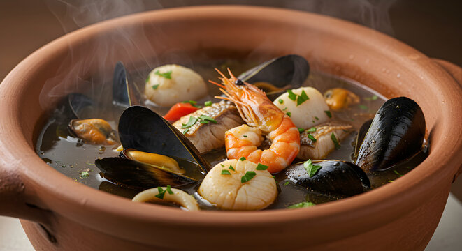 Steaming Seafood Stew In Rustic Terracotta Pot Perfect For Warm Meal