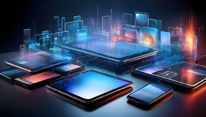 Fototapeta premium Futuristic digital devices with glowing screens and interconnected designs
