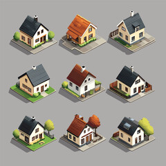 Isometric Suburban House Set Illustration
