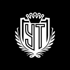 YT Letter logo heraldic shield shape with crown on black background template design