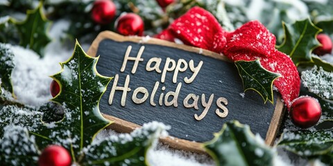 Happy holidays message on chalkboard surrounded by festive decorations and snow
