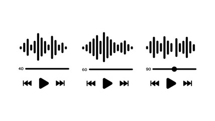 Audio Waveforms: Illustrative black and white display featuring detailed audio waveforms, play buttons, and volume controls, suitable for music related themes.