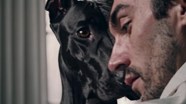 Bearded man in intimate profile with black cane corso dog connection