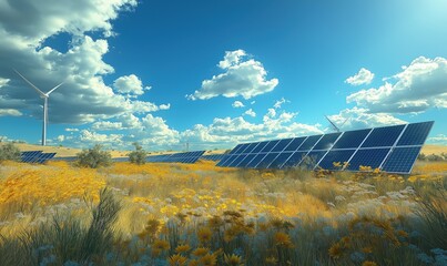 Solar panels in vibrant field with wind turbines under blue sky and fluffy clouds