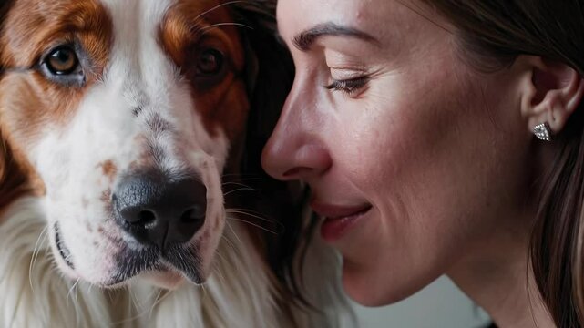 Woman in profile with spotted pointer dog exploring emotional connection