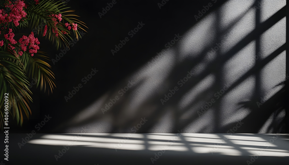 Poster abstract studio black background for product presentation. empty room with shadows of window and flo