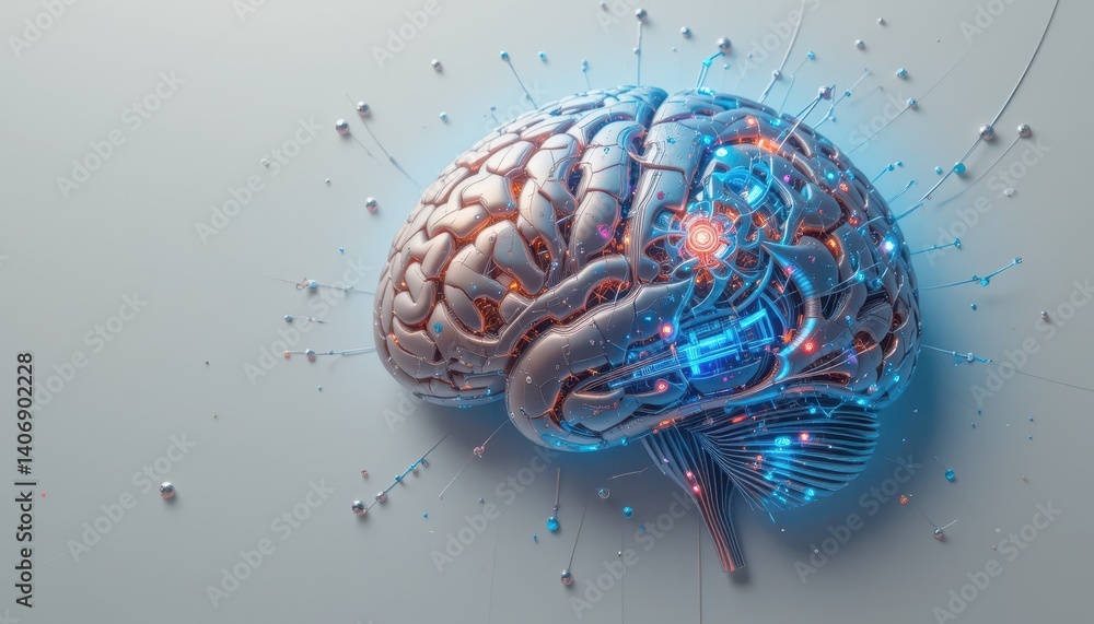 Poster Brain with circuit design in the middle symbolizing the fusion of human cognition and advanced technological framework