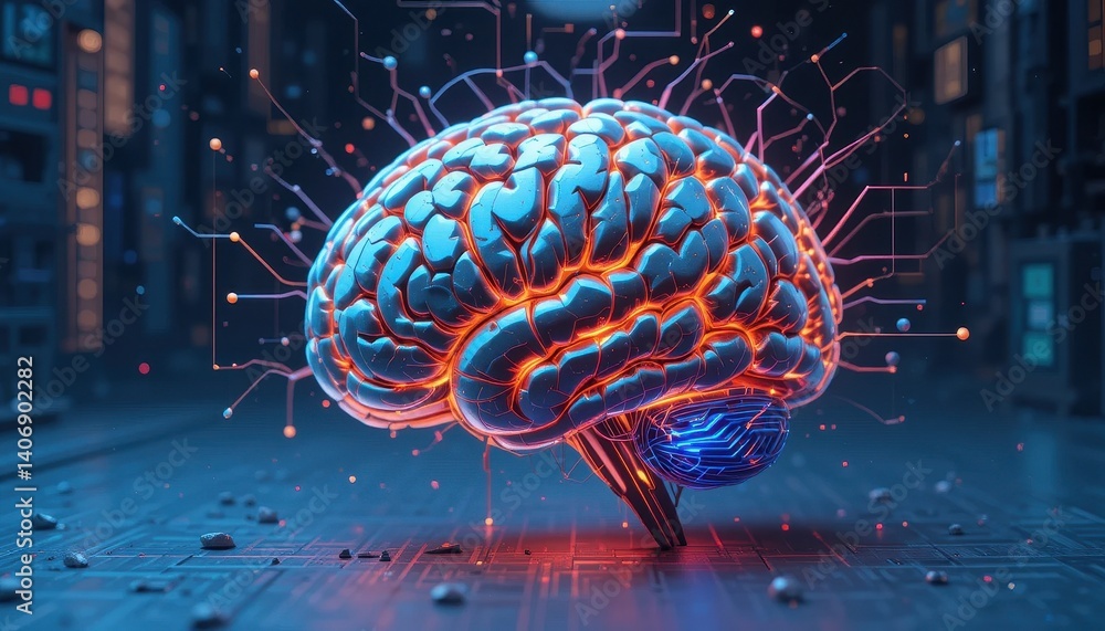 Poster Brain set against a circuit pattern background representing the integration of neuroscience and digital technology