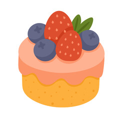 Cute cartoon cake with strawberries and blueberries on top. Sweet dessert in flat style.