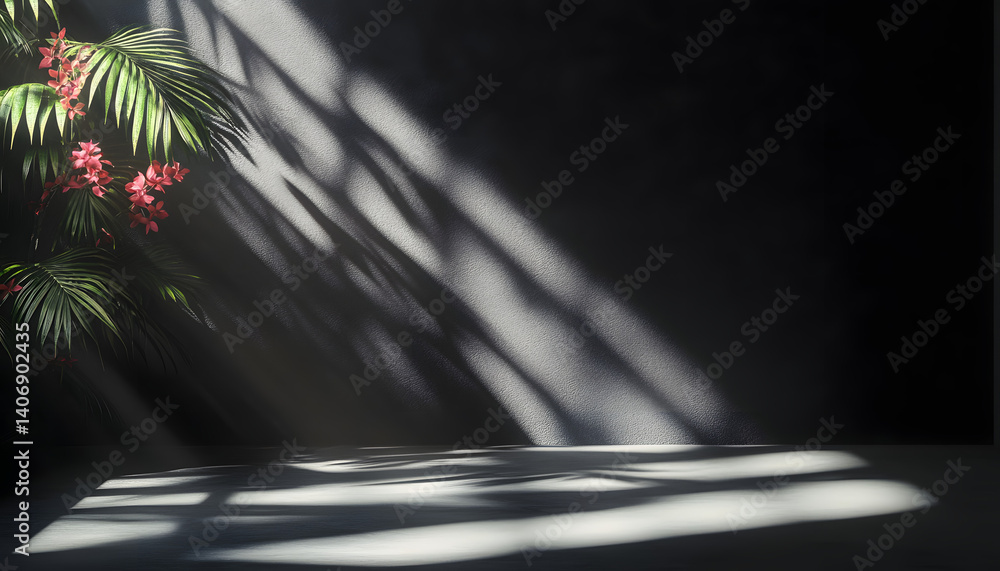 Poster abstract studio black background for product presentation. empty room with shadows of window and flo
