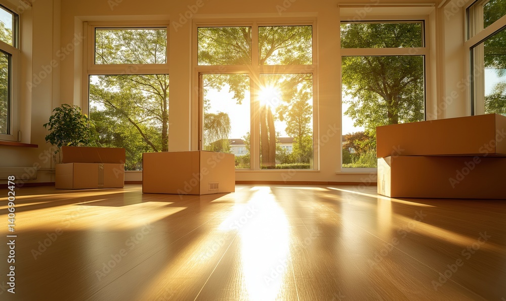 Poster sunlit room with moving boxes and large windows overlooking greenery