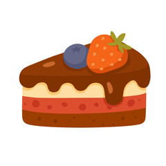 Cute cartoon layered cake slice with chocolate, strawberry, and blueberry. Sweet dessert in flat style.