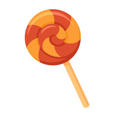 Cute cartoon swirl lollipop in orange and red colors. Sweet dessert in flat vector style.