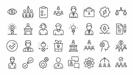 Business management and administrative concepts illustrated through clean outline icons depicting leadership planning meetings analysis and strategic team collaboration