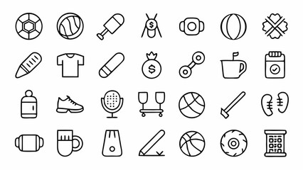 Sport equipment themed outline icon collection featuring line art illustrations of various athletic tools perfect for fitness health lifestyle and training designs