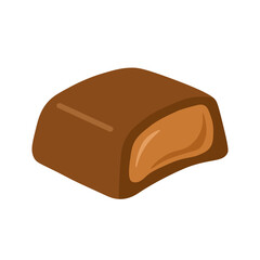 Cute cartoon chocolate candy with caramel filling inside. Sweet dessert in flat vector style.