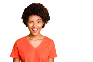 Copyspace photo cheerful cute charming nice fascinating girlfriend winking for you to pay attention while isolated over yellow vivid color background