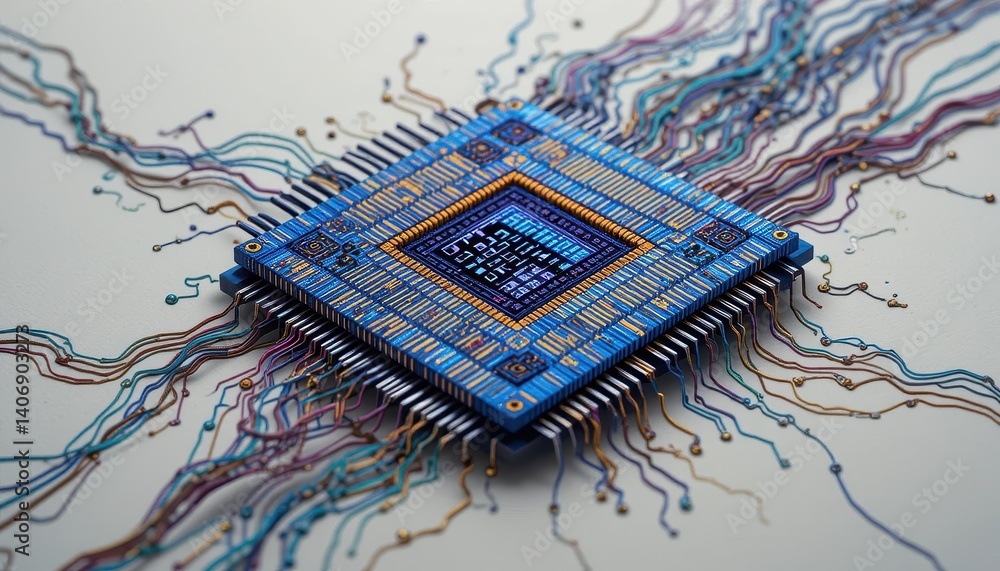 Aufkleber Detailed close-up of a micro micro board displaying intricate circuitry and tiny components in a high-tech environment