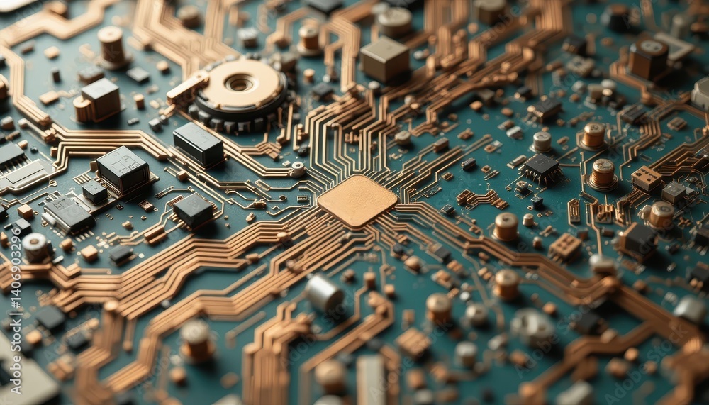 Poster Close-up view of a circuit board featuring complex pathways and integrated components essential for electronic devices