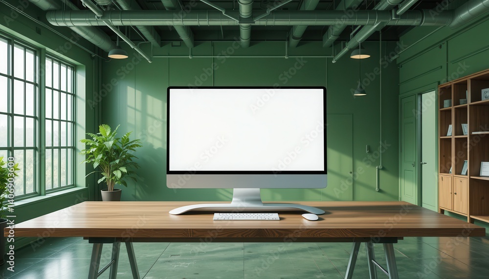 Poster lush green office space featuring a computer desk surrounded by indoor plant creating a fresh atmosp