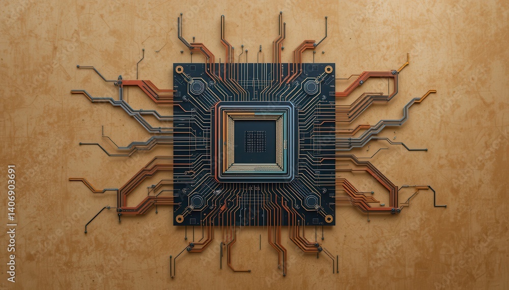 Poster Intricate circuit board displaying complex traces and patterns with a smaller circuit board nested in the center