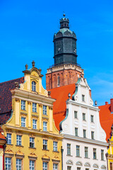 Fototapeta premium Wroclaw, Poland Old Town Rynek Market Square colorful houses and tower