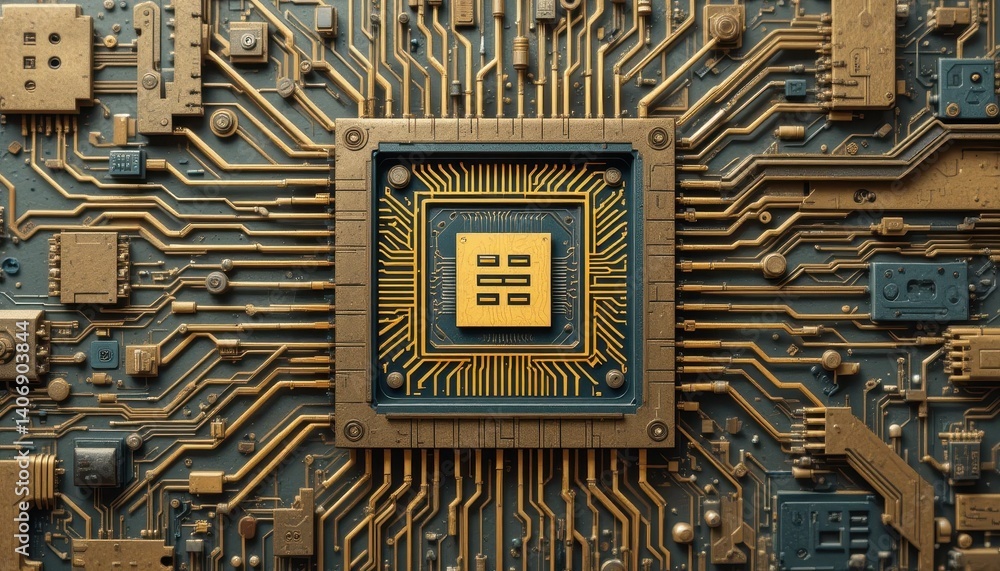 Poster Detailed close-up view of a complex circuit board featuring intricate paths and electronic components