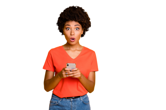 Photo of beautiful attractive cute charming girlfriend scared with something afro american chatting wearing jeans denim t-shirt isolated over yellow vivid color background