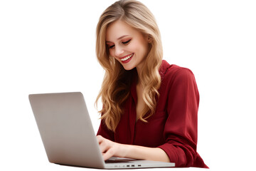 Naklejka premium A happy woman in a red shirt sitting at her laptop computer, transparent background