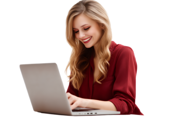 A happy woman in a red shirt sitting at her laptop computer, transparent background