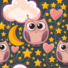 Dark Sky Owl Pattern with Stars and Balloons