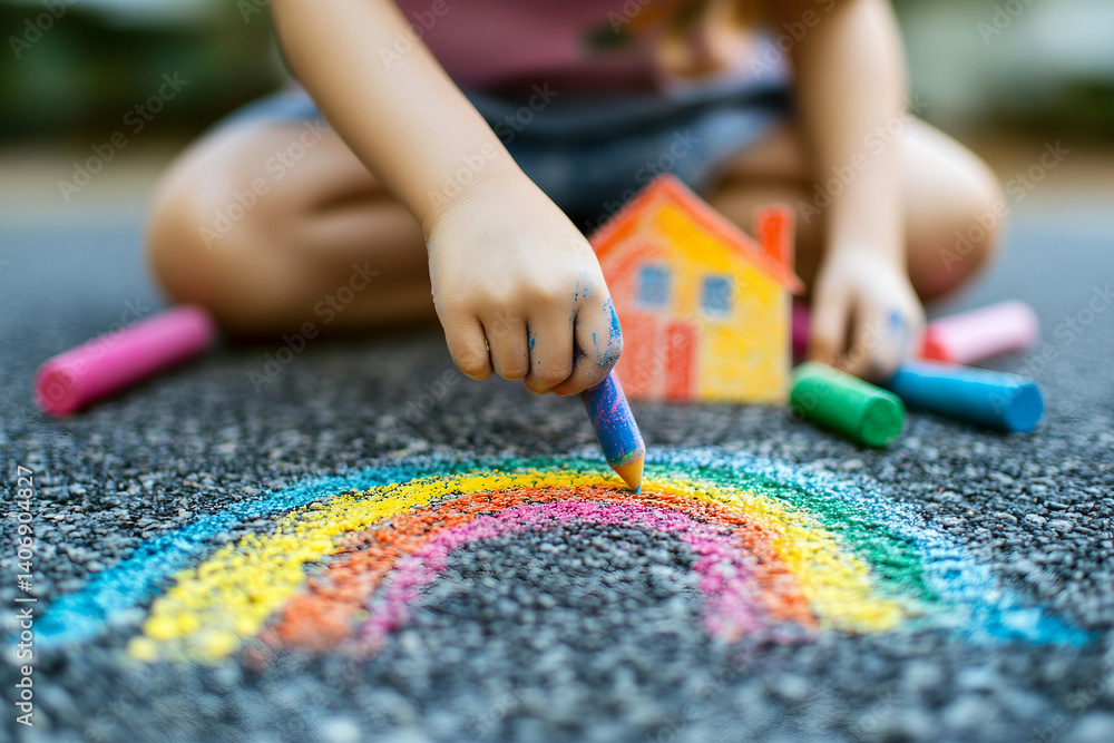 Poster generative ai picture of child drawing with colorful chalk on the pavement