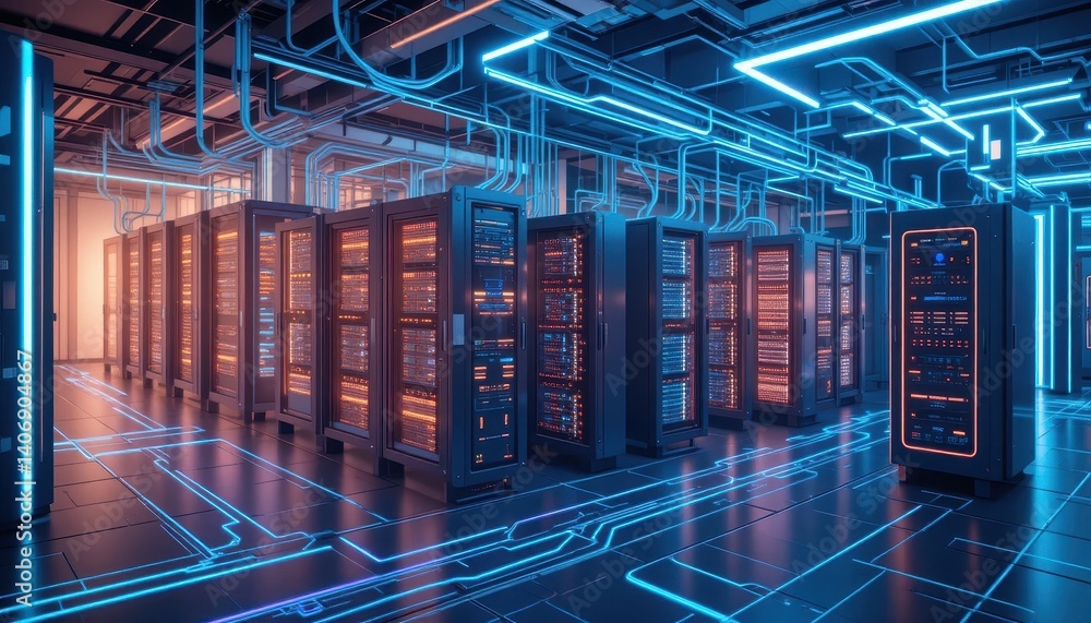 Leinwandbilder Server room featuring striking blue neons and cutting-edge technology for data processing in a high-tech environment
